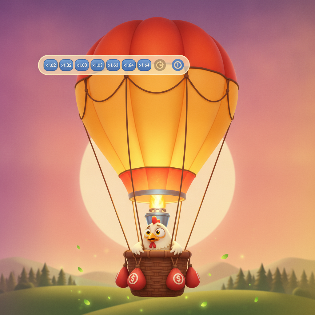 BalloniX gioco crash con pallone aerostatico dorato e pollo pilota su paesaggio al crepuscolo, moltiplicatori in tempo reale