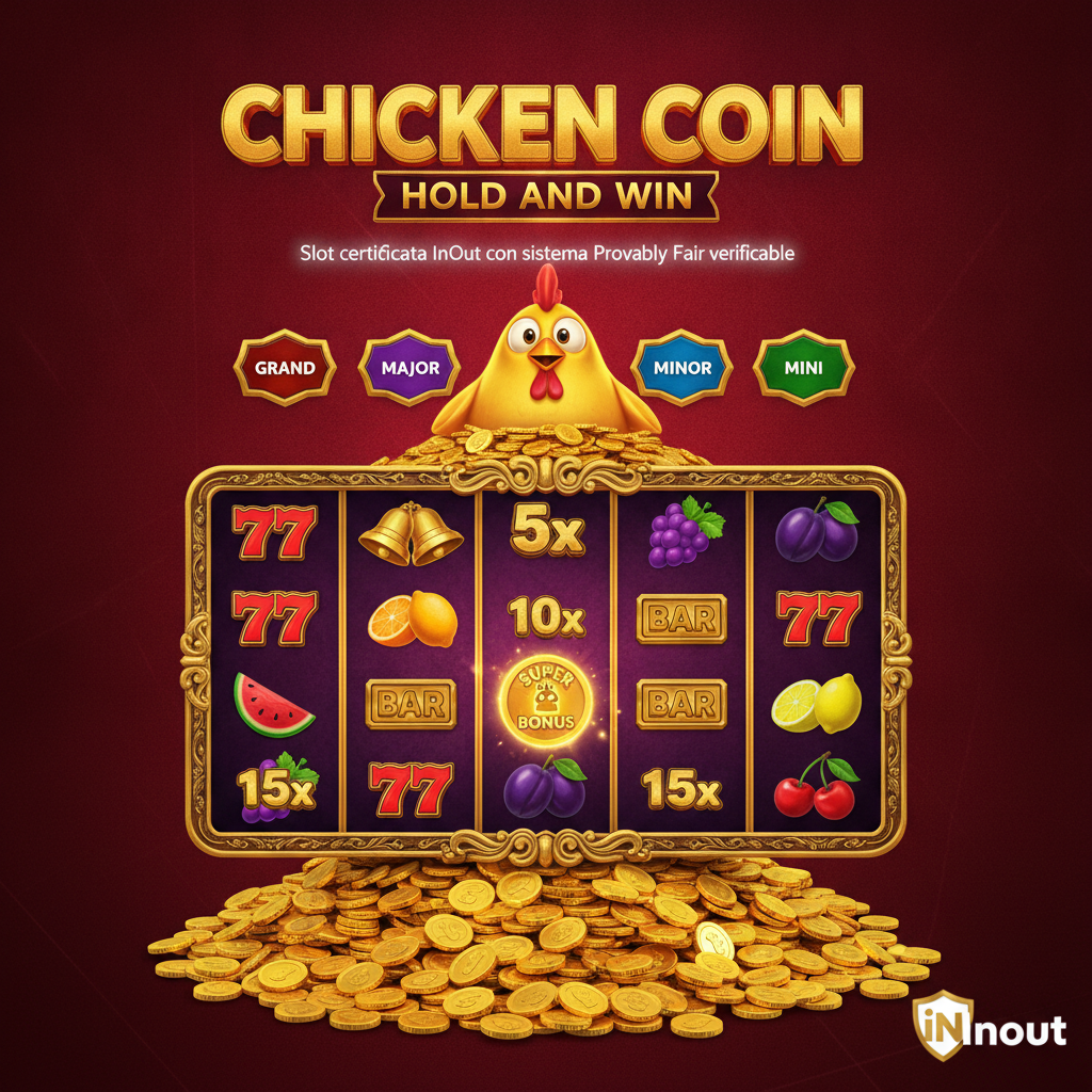 Chicken Coin Hold and Win slot con gallina dorata mascotte su mucchio di monete d'oro, griglia 3x4, simboli frutta e 777 Wild, jackpot GRAND MAJOR MINOR MINI