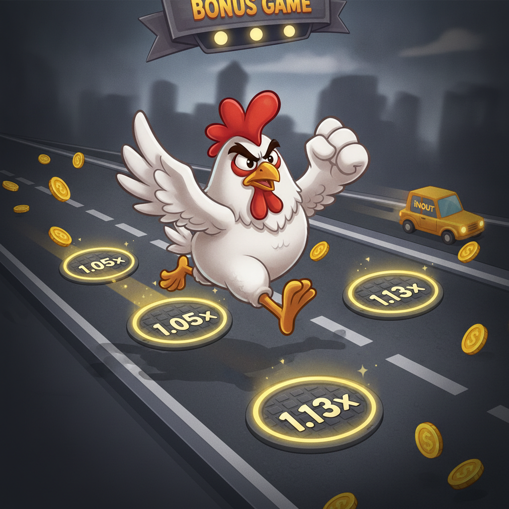 Chicken Road 2 Bonus slot con pollo cartoon bianco che attraversa corsie di traffico con moltiplicatori progressivi e monete dorate