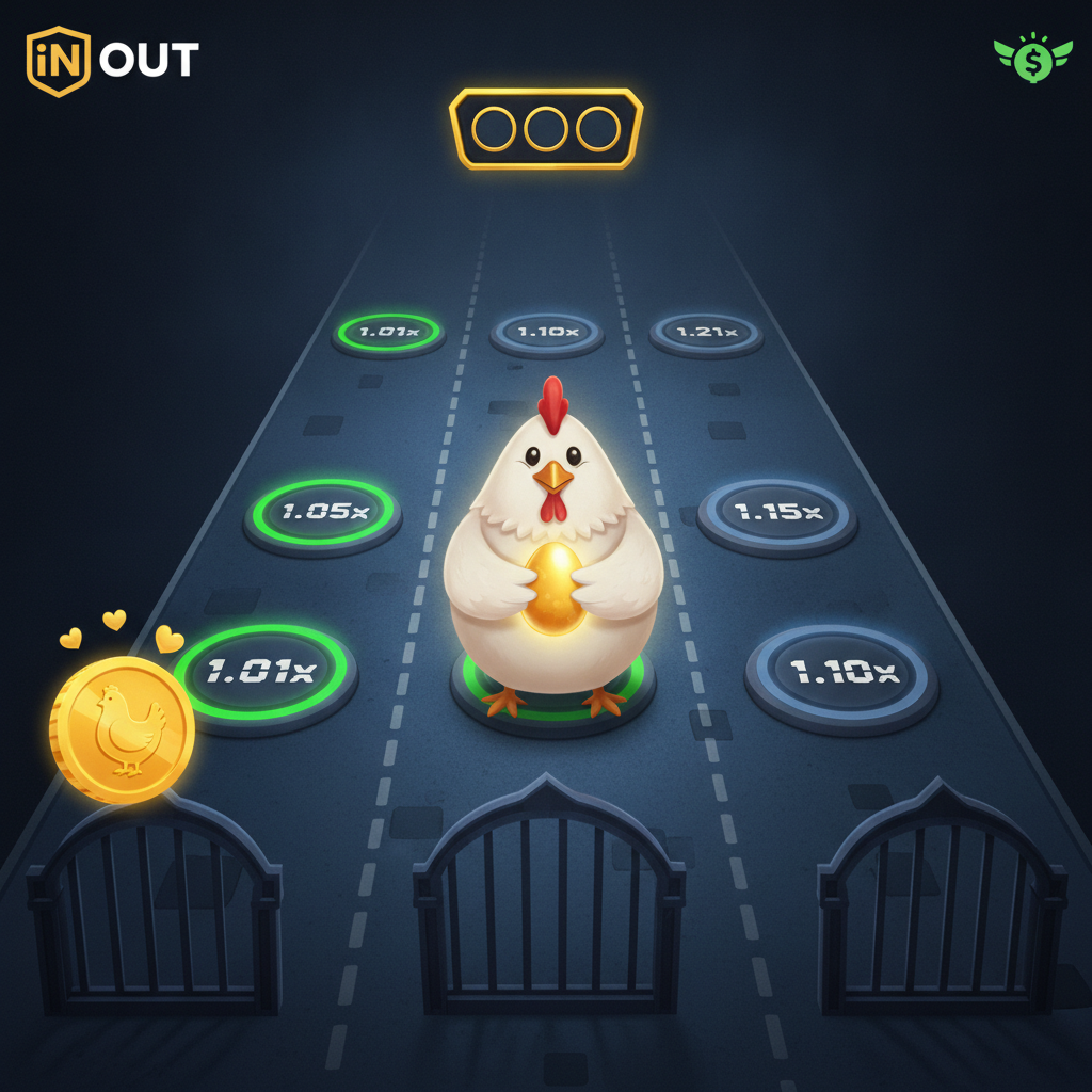 Chicken Road Bonus slot con pollo bianco che attraversa corsie stradali con moltiplicatori verdi e monete bonus dorate su sfondo blu scuro