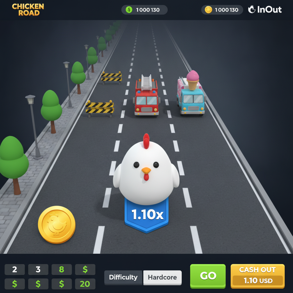 Chicken Road: pollo cartoon che attraversa corsie stradali con moltiplicatori, evitando veicoli e barriere gialle, gioco crash istantaneo InOut