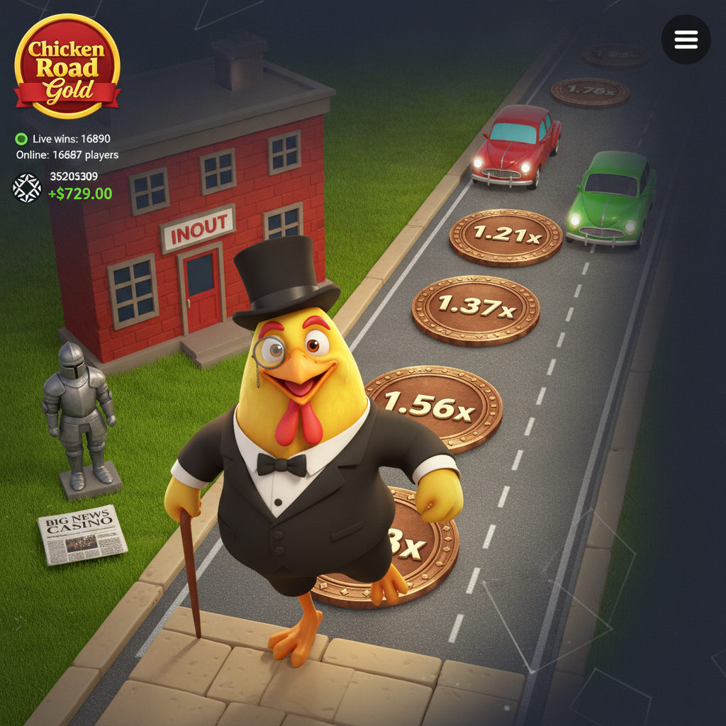 Chicken Road Gold gioco: pollo in smoking attraversa strada con moltiplicatori dorati, automobili ostacoli, edificio INOUT sullo sfondo