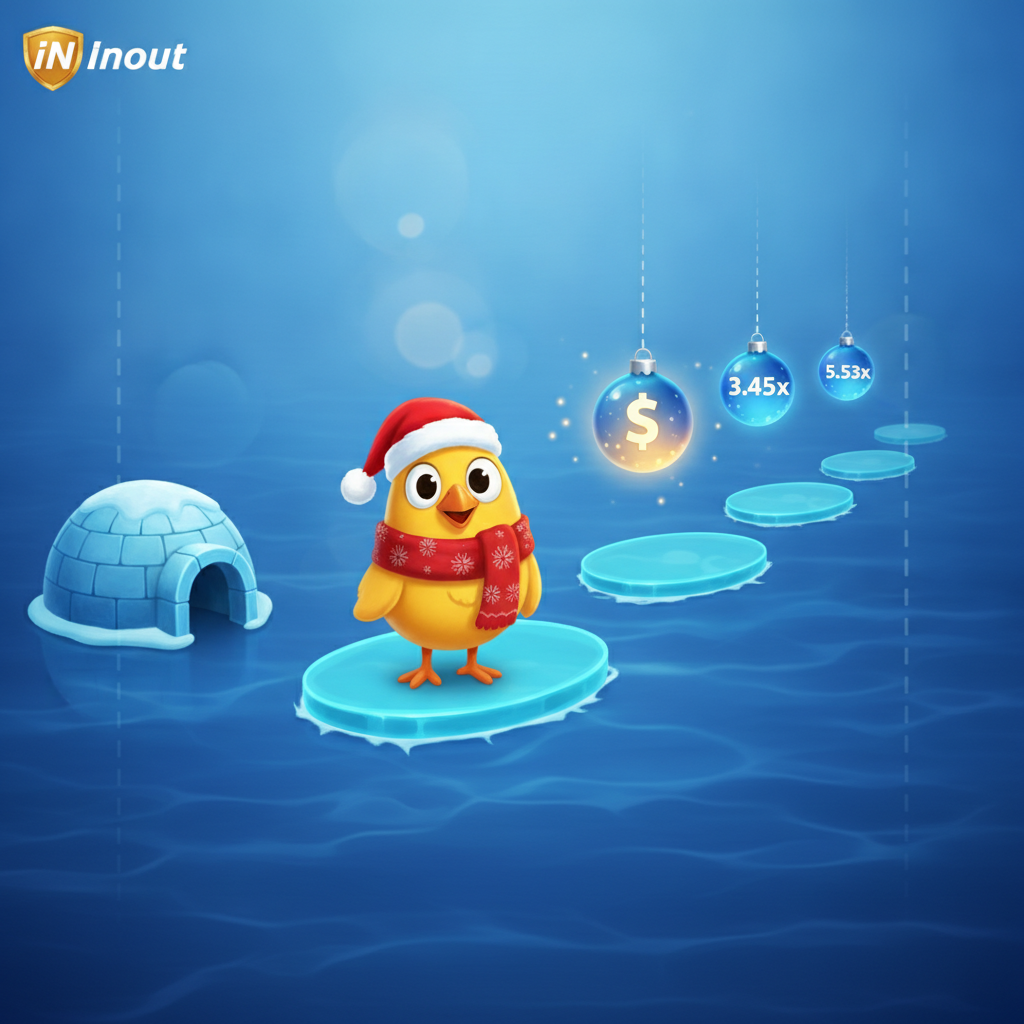 Chicken Road Ice: pollo con cappello di Natale su lastre di ghiaccio galleggianti, igloo artico sullo sfondo, palline natalizie con moltiplicatori, tema invernale