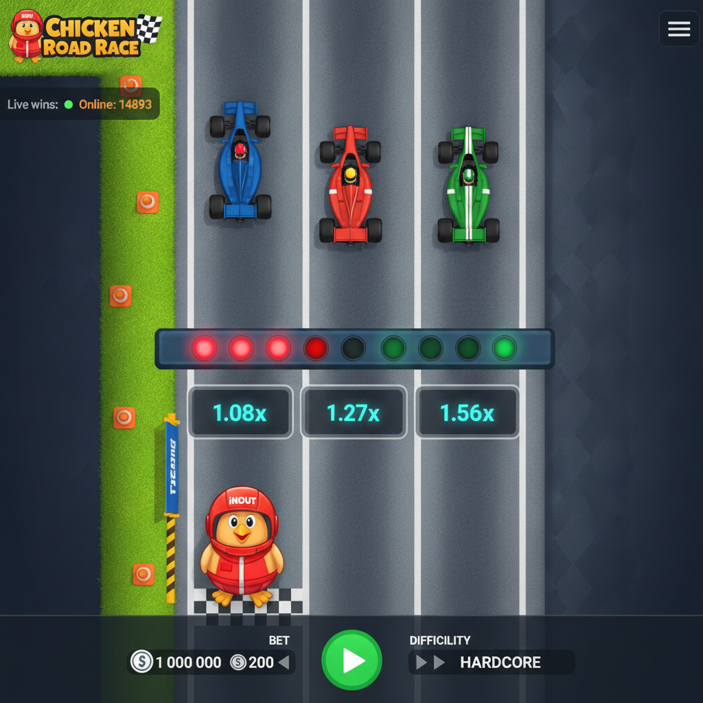 Chicken Road Race slot con pollo mascotte in casco da corsa rosso, pista stradale dall'alto con auto da Formula 1, moltiplicatori progressivi e sistema semafori