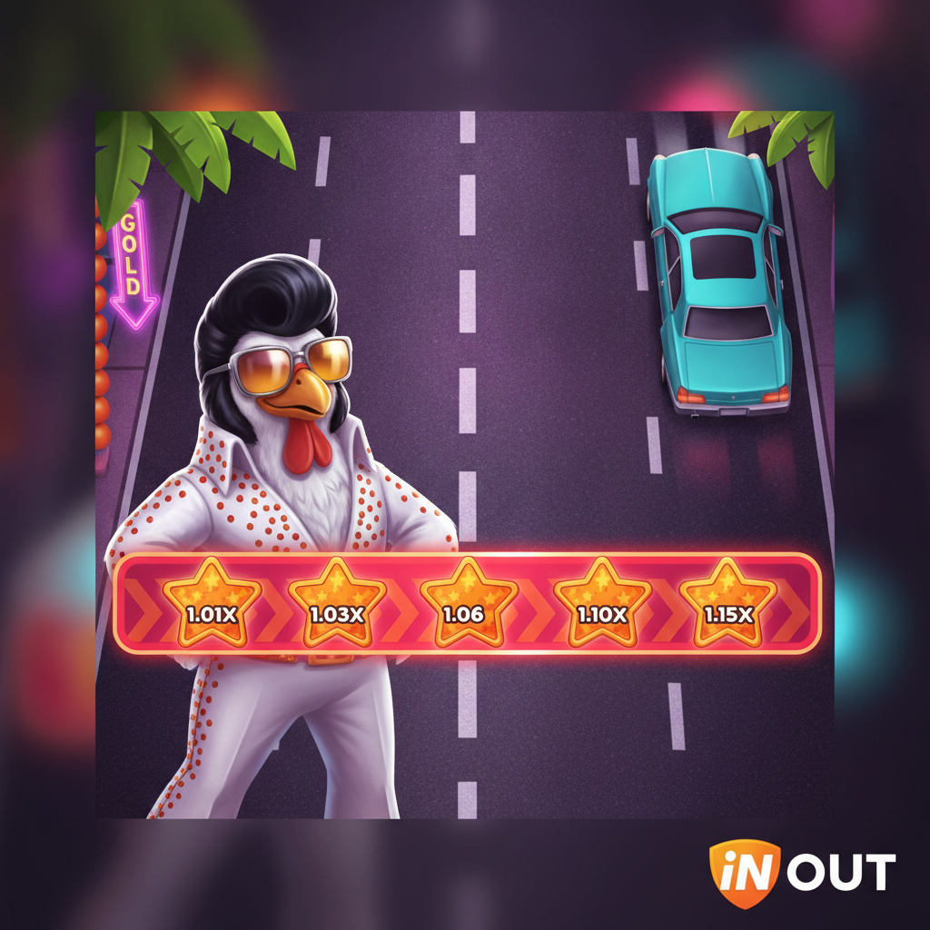Chicken Road Vegas slot game con pollo Elvis in costume bianco con occhiali da sole dorati che attraversa strada viola con auto cyan e moltiplicatori stella arancione