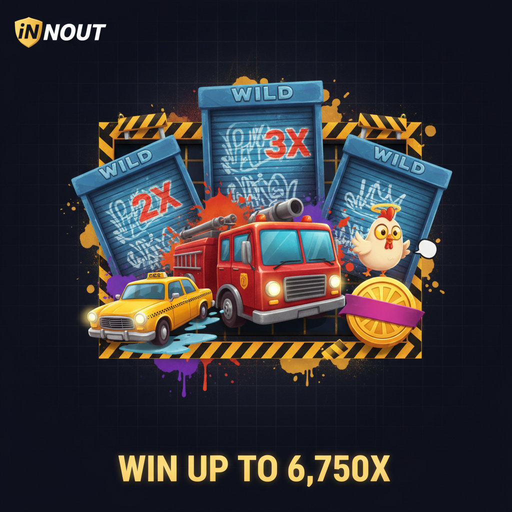 Chicken Royal slot da InOut con tema urban street, graffiti cartoon, pollo che attraversa strade trafficate, simboli Wild con moltiplicatori x2 e x3, garage door blu con scritte graffiti