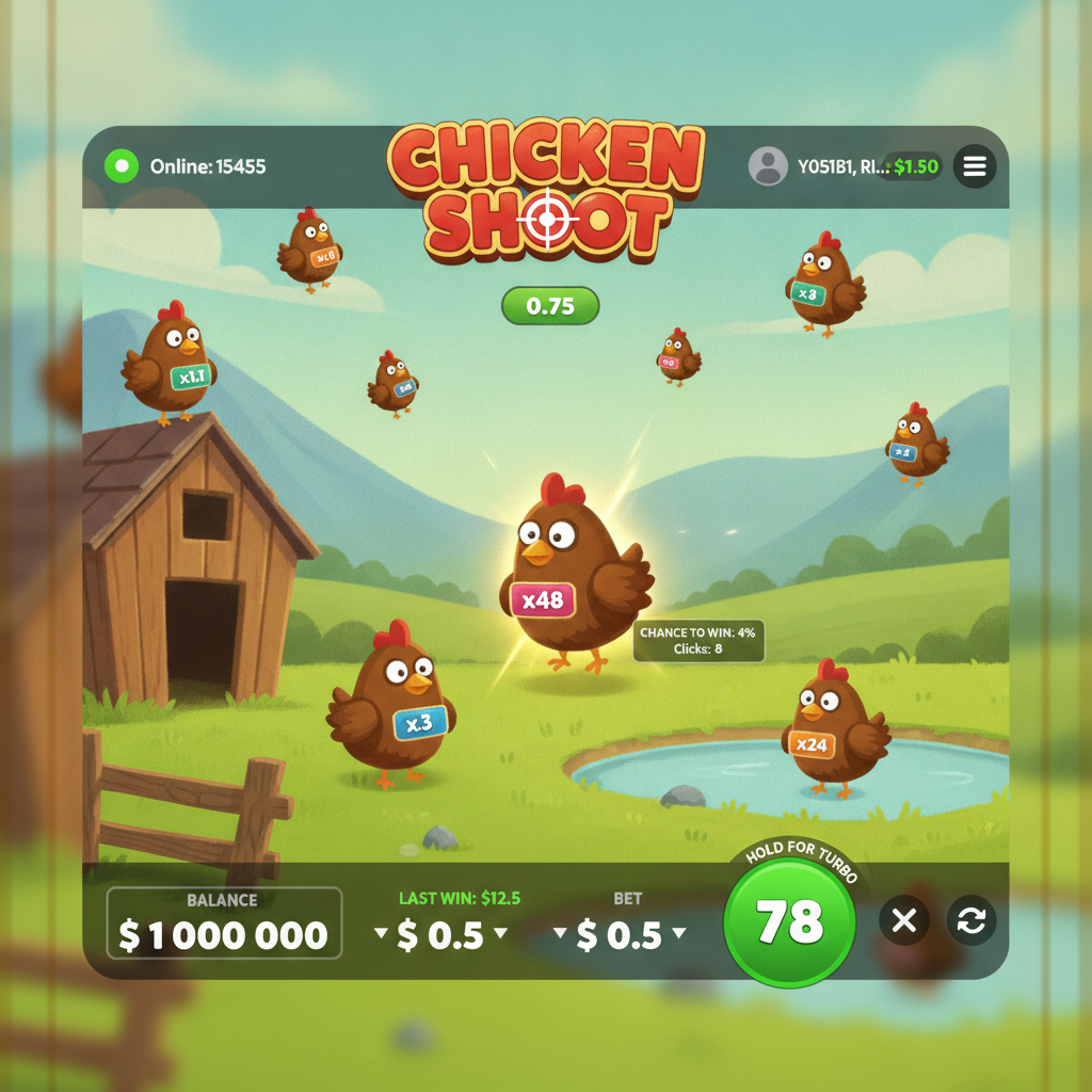 Chicken Shoot slot con polli cartoon moltiplicatori x48, scena fattoria colorata con fienile e recinto, gioco di tiro InOut
