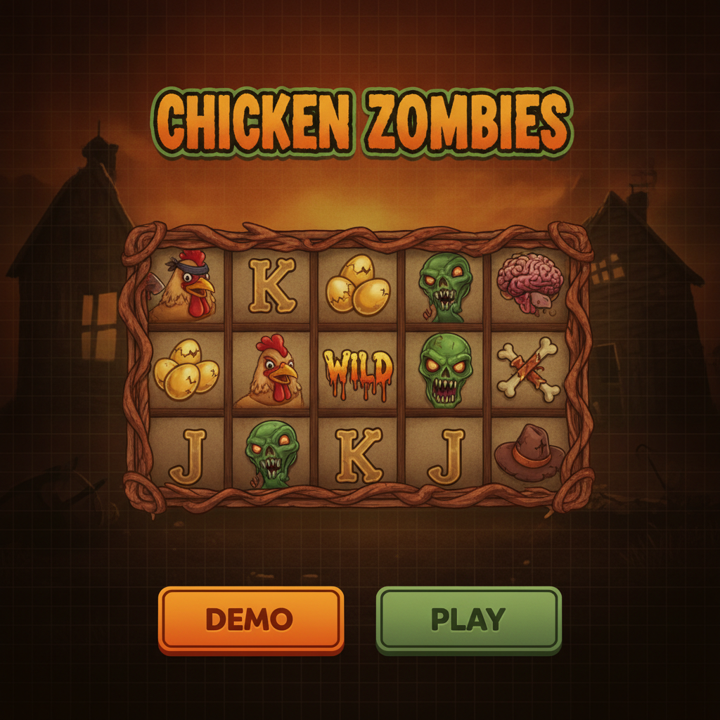 Chicken vs Zombies slot machine con galline coraggiose che combattono zombie, simboli scatter uova dorate e wild zombie verdi sulla griglia di gioco